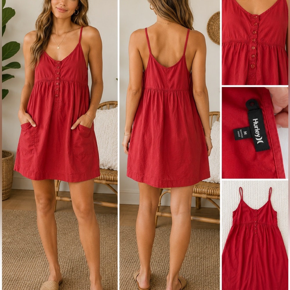 Hurley Red Sleeveless Mini Dress | Button Front Casual Sundress | Women’s Medium